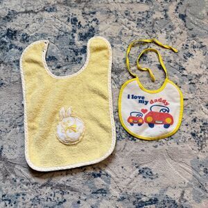 Lot of Two Vintage Baby Bibs Alexis Yellow Bunny & I Love my Daddy Car Feeding